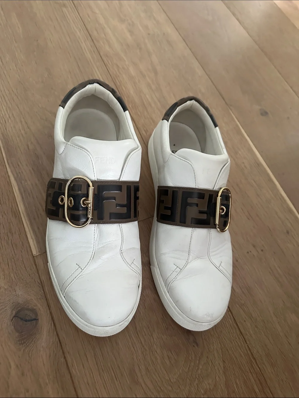 Fendi White Leather Sneakers with Brown FF Logo Strap and Gold Buckle